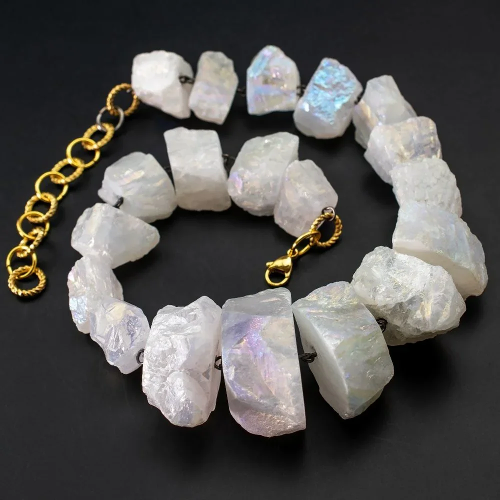 Super chunky raw gemstone necklace, accent angel aura quartz crystal collar
